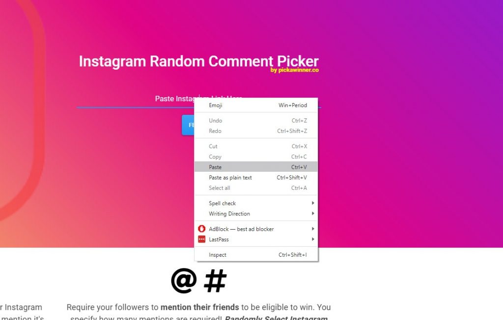 Pasting Instagram Link inside the text box on pickawinner website