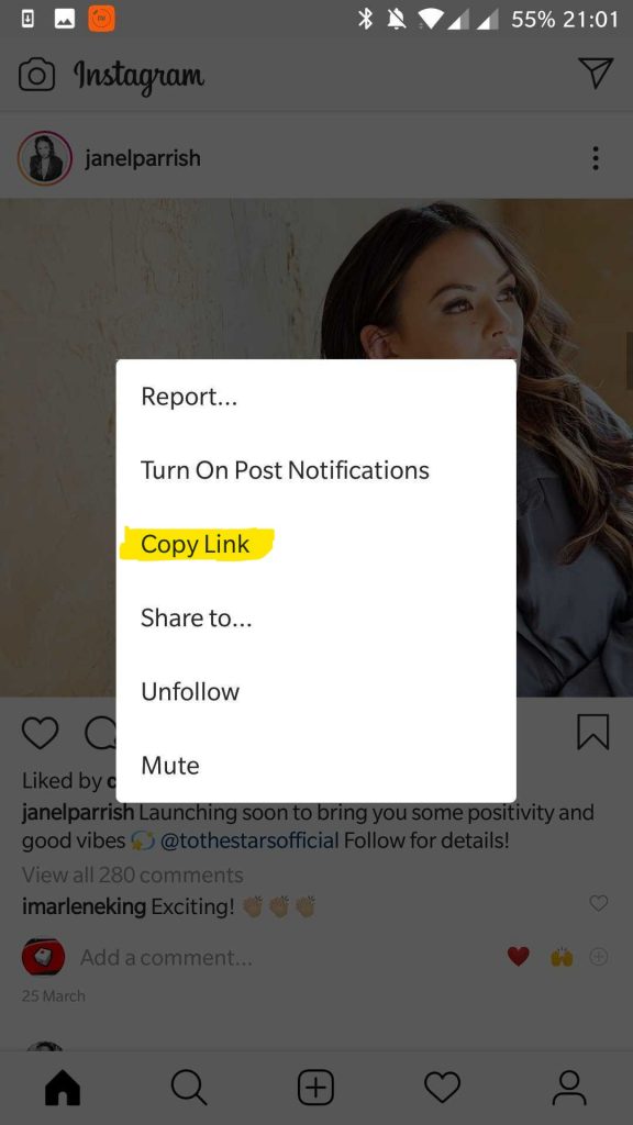 Instagram Pop up menu when you press three (3) dots on a post within a mobile app, showing options such as "report", "turn on post notifications", "copy link", "share to", "follow/unfollow", "mute"