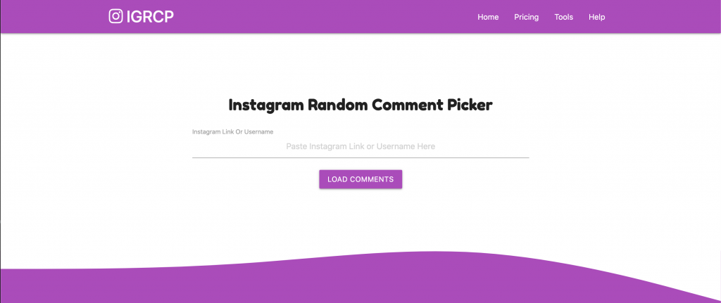 Image of igrcp.com homepage showing text "Instagram random comment picker" and a "load comments" button